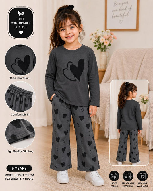 grey double heart kids summer night suits for girls