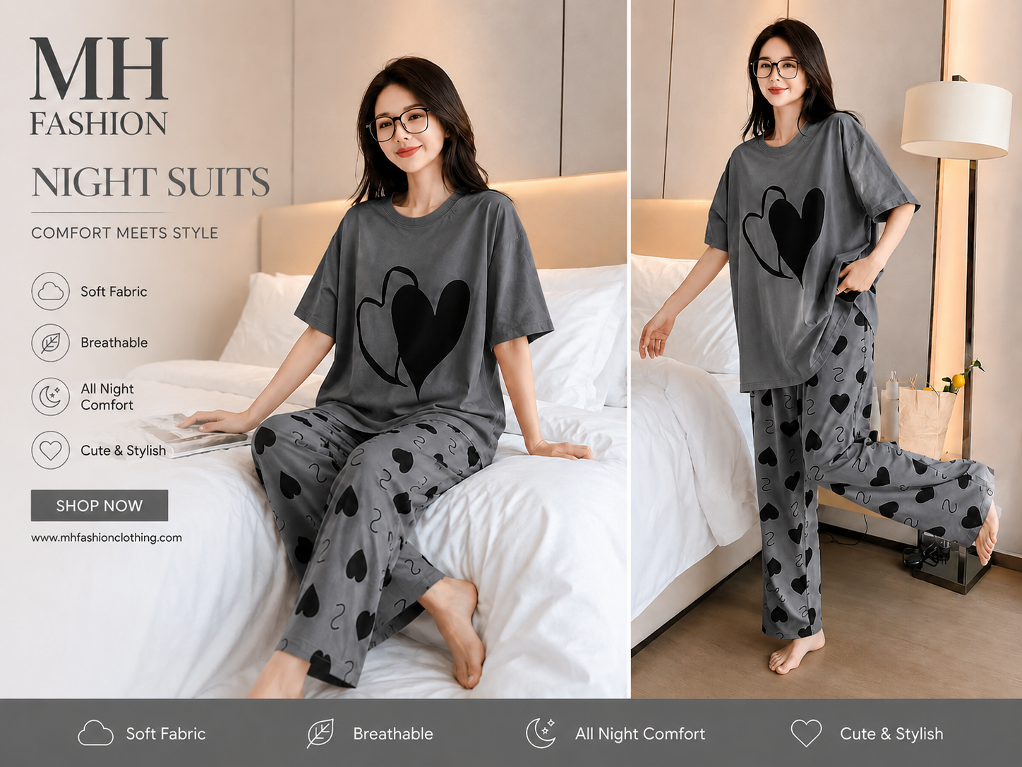 DOUBLE HEART DESIGN NIGHT DRESS IN COTTON FABRIC - M.H fashion 