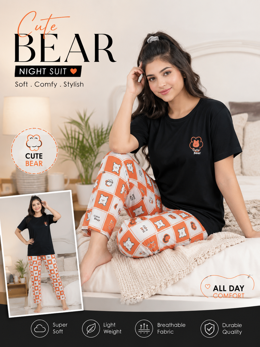 Cute Bear Printed Night Suit for Women – Soft Cotton PJ Set