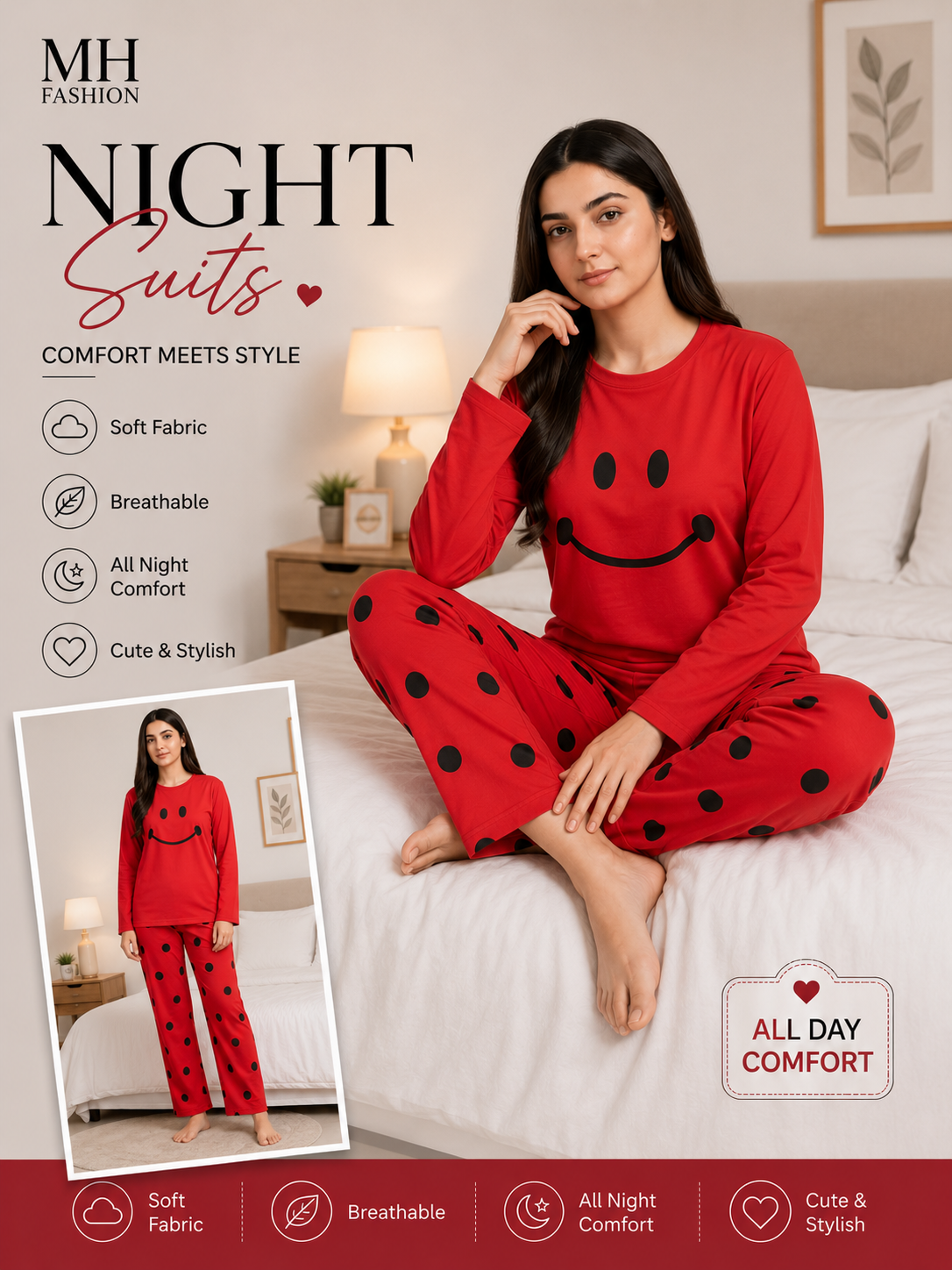 Red Smiley Print Women's Night Suit – Cotton Sleepwear Set