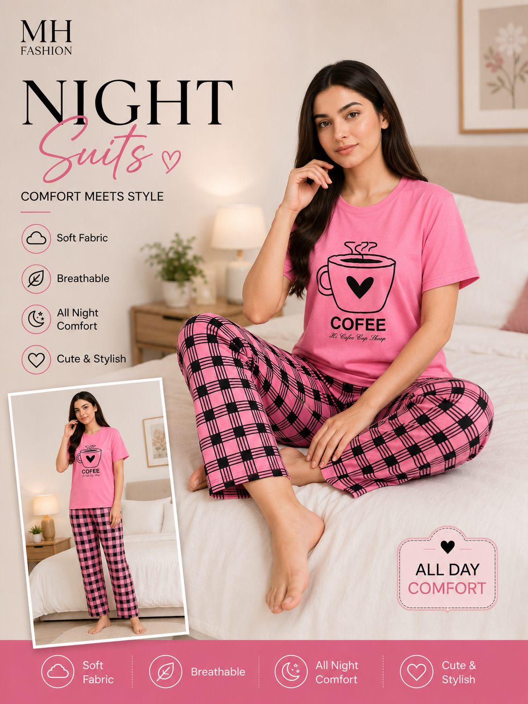 PINK CHECK DESIGN NIGHT DRESS IN COTTON FABRIC