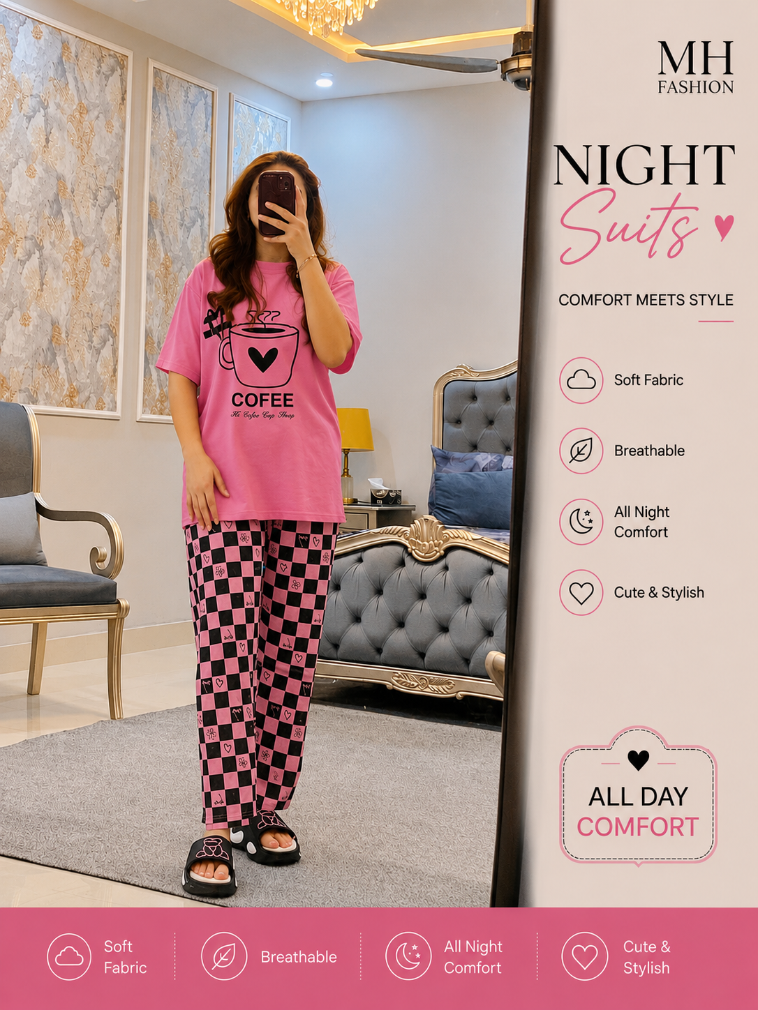PINK CHECK DESIGN NIGHT DRESS IN COTTON FABRIC - M.H fashion 