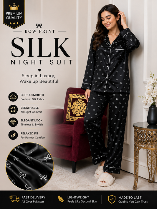 bow printed silk suit in premium fabric for girls and woman - M.H fashion 