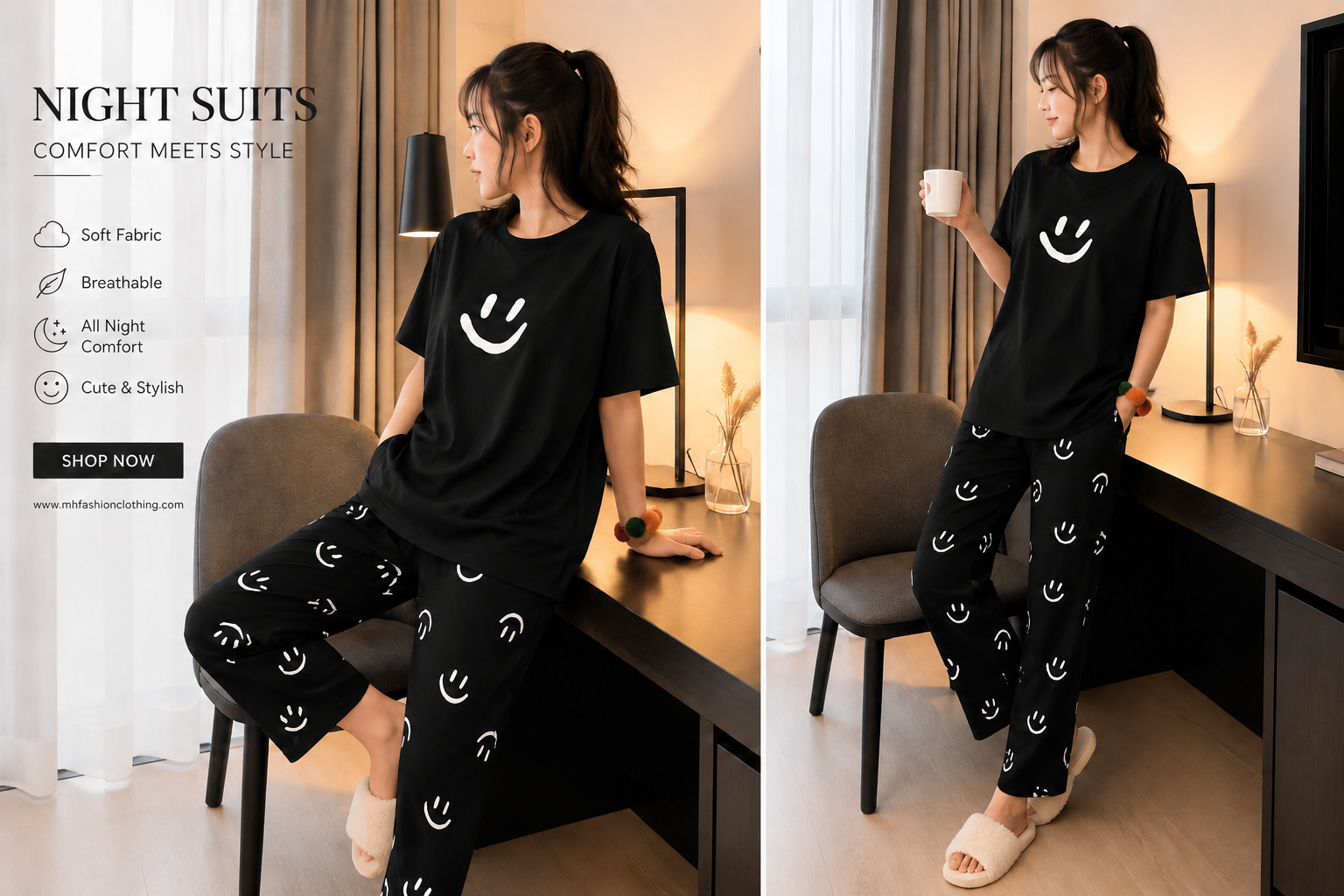 black smile half sleeves style night suit premium fabric for girl - M.H fashion 