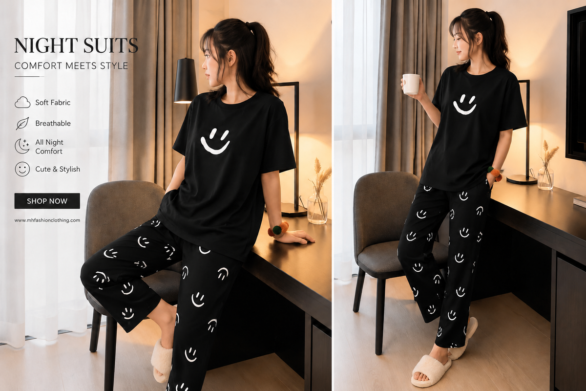 black smile half sleeves style night suit premium fabric for girl - M.H fashion 