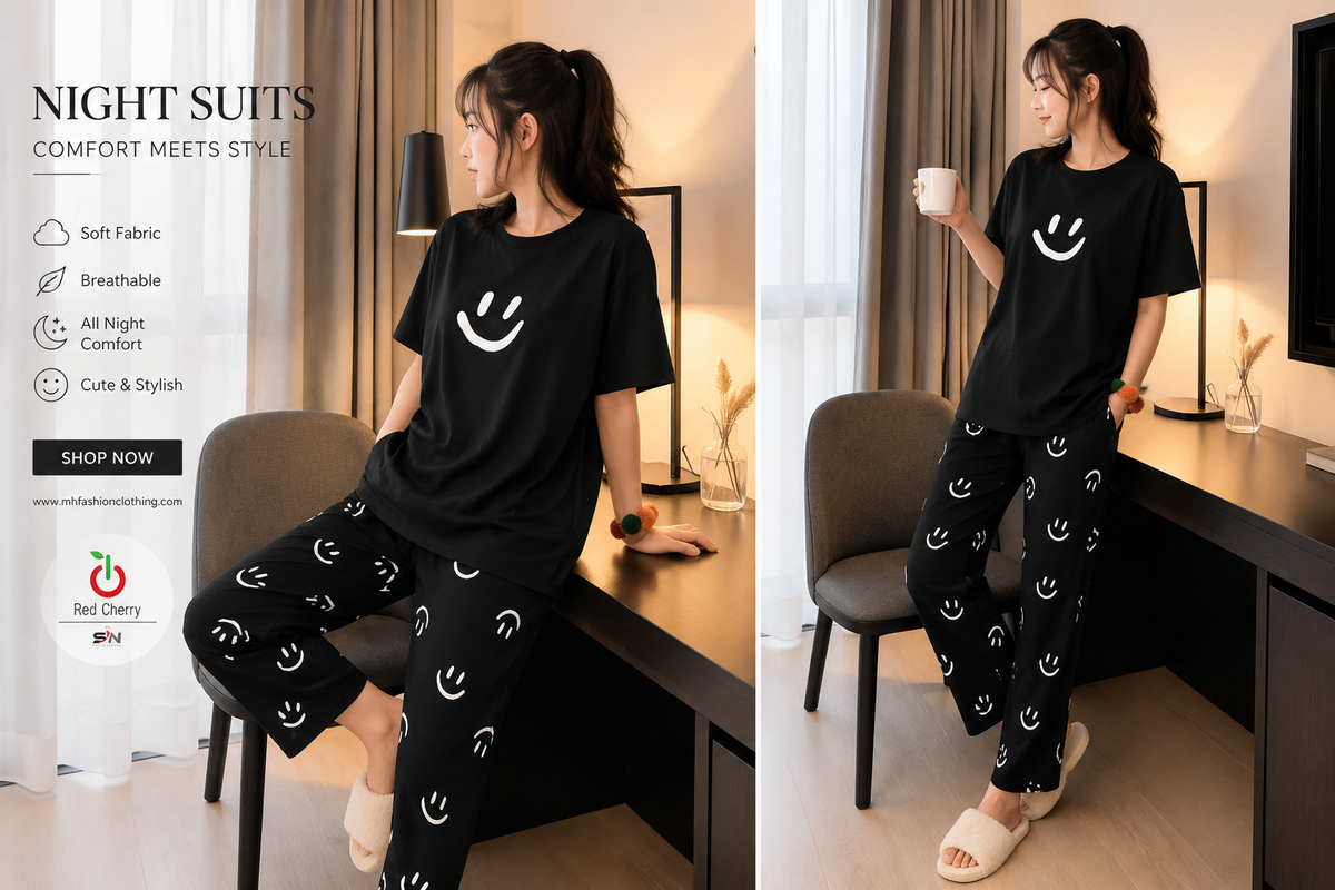 black smile half sleeves style night suit premium fabric for girl