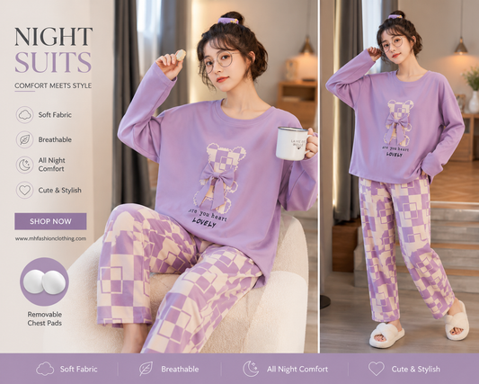purple check printed night suit premium fabric for girl - M.H fashion 