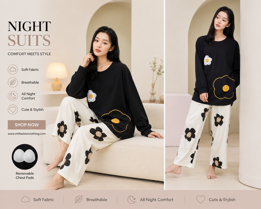 black flpwerfull sleeves  night suit premium fabric for girls and woman - M.H fashion 