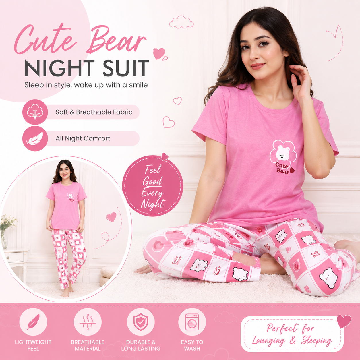 Cute Bear pink check Printed Night Suit for Women – Soft Cotton PJ Set - M.H fashion 