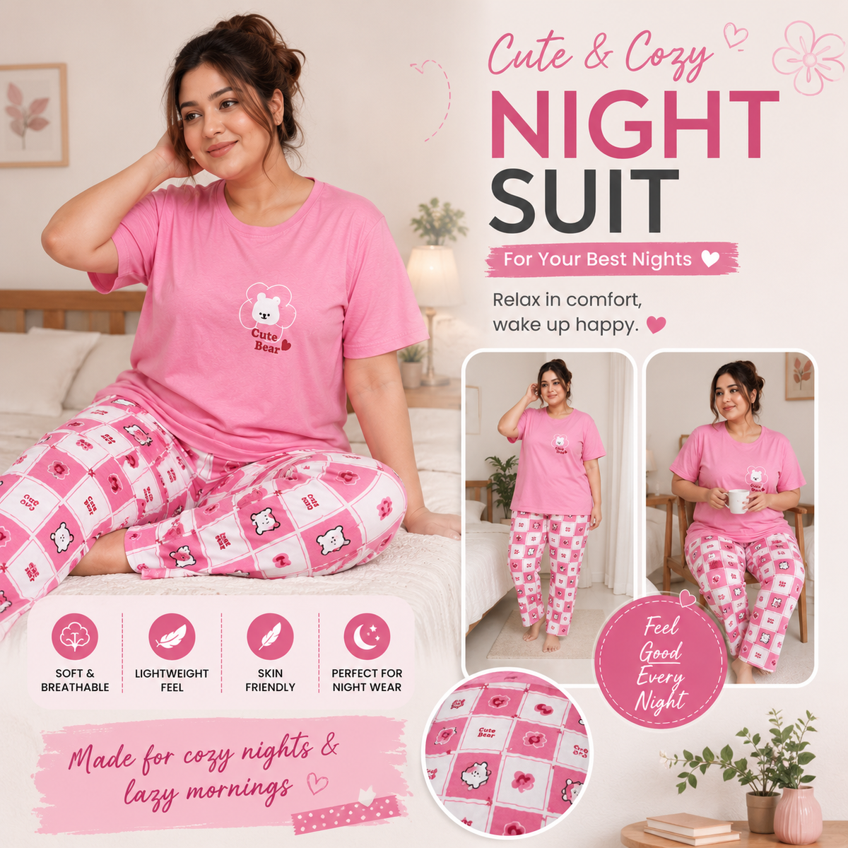 Cute Bear pink check Printed Night Suit for Women – Soft Cotton PJ Set