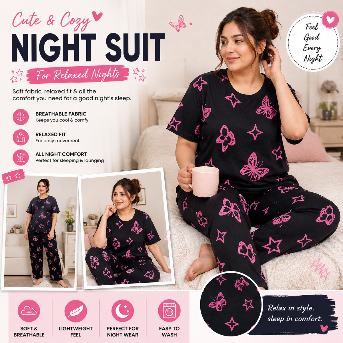 black butterfly  Printed Night Suit for Women – Soft Cotton PJ Set
