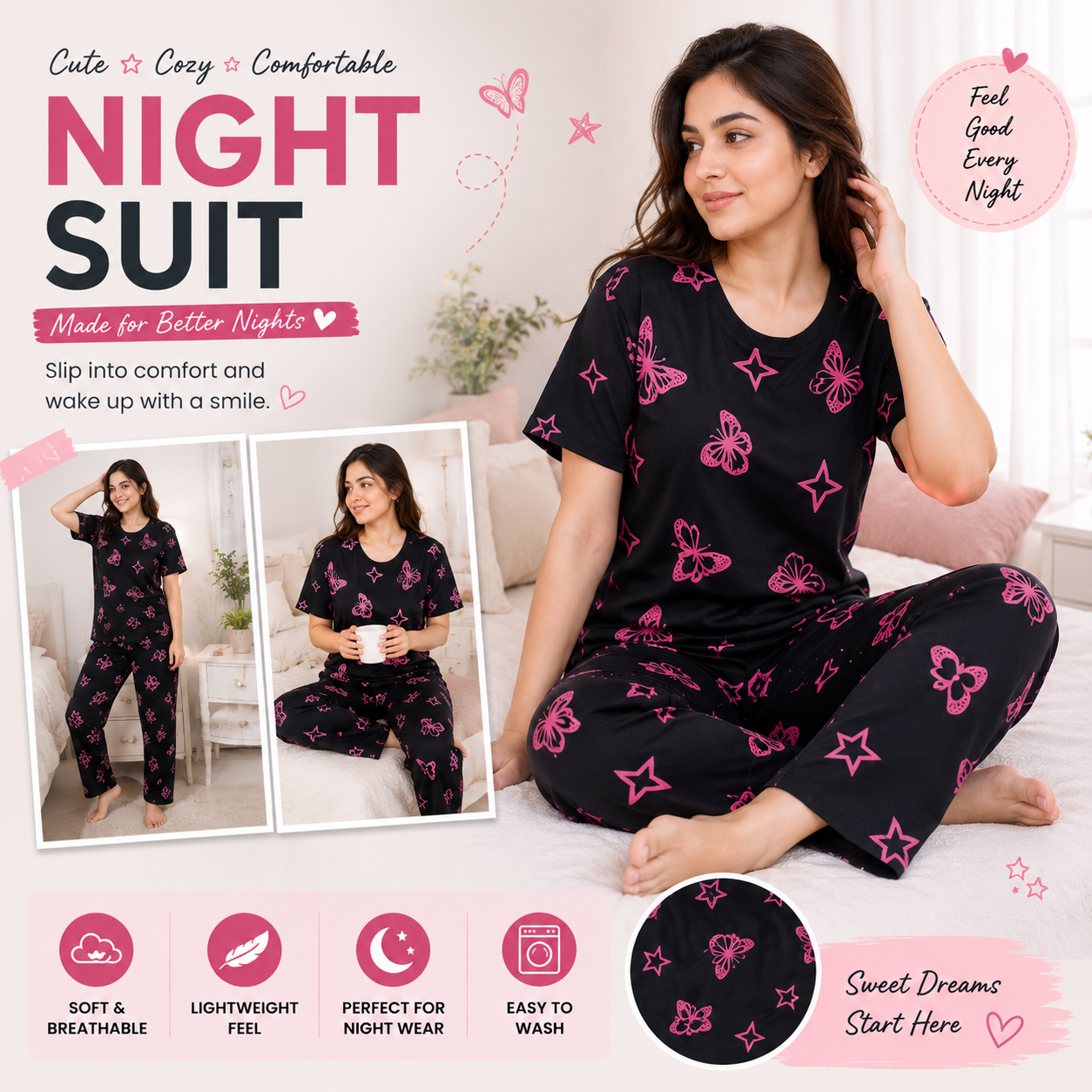 black butterfly  Printed Night Suit for Women – Soft Cotton PJ Set - M.H fashion 