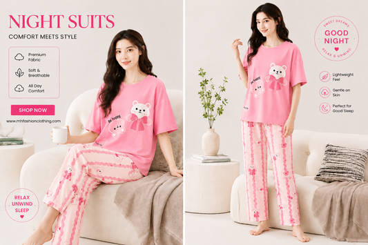 pink happy bear design night suit premium fabric for girls and woman - M.H fashion 