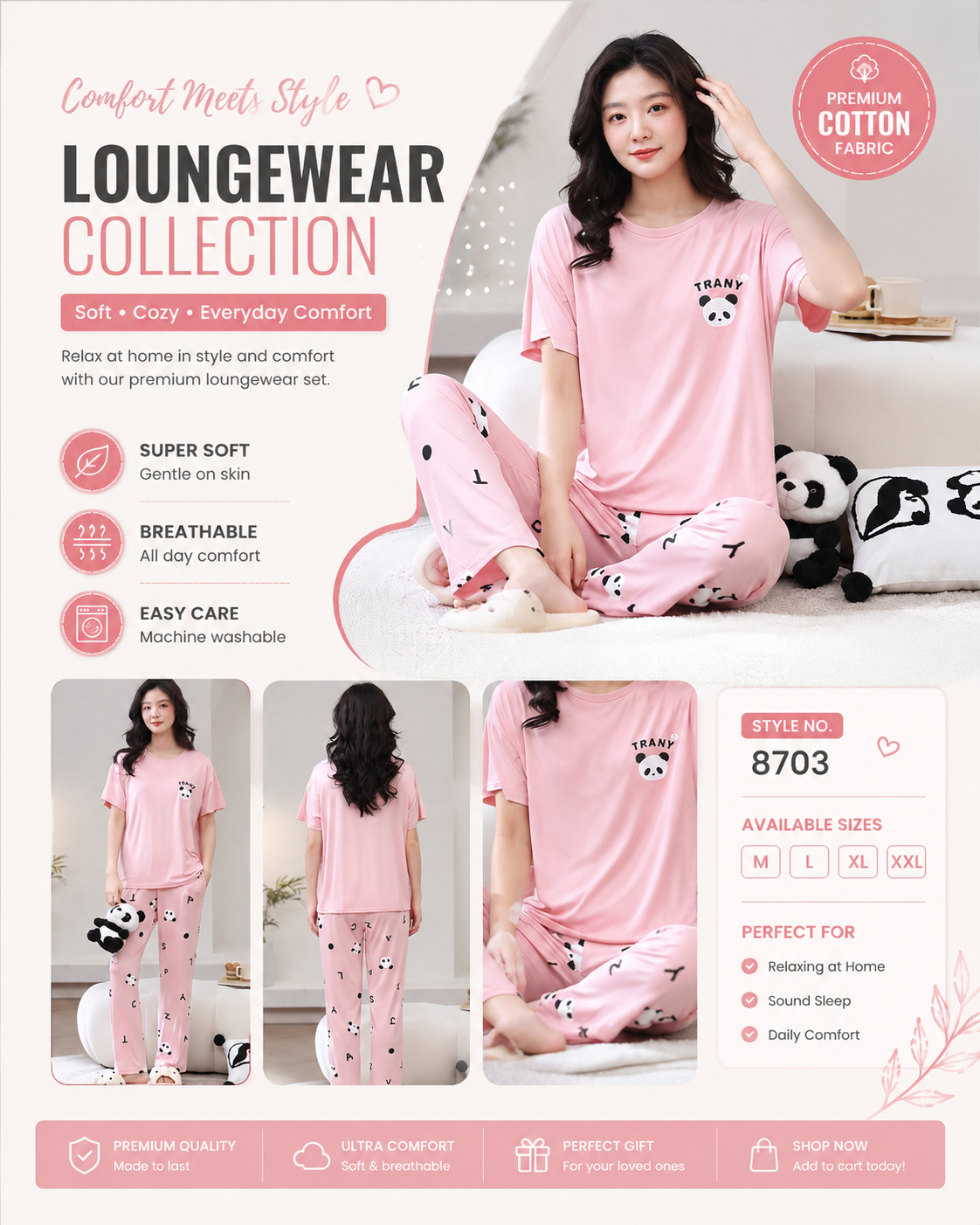 pink panda printed night suit premium fabric for girl