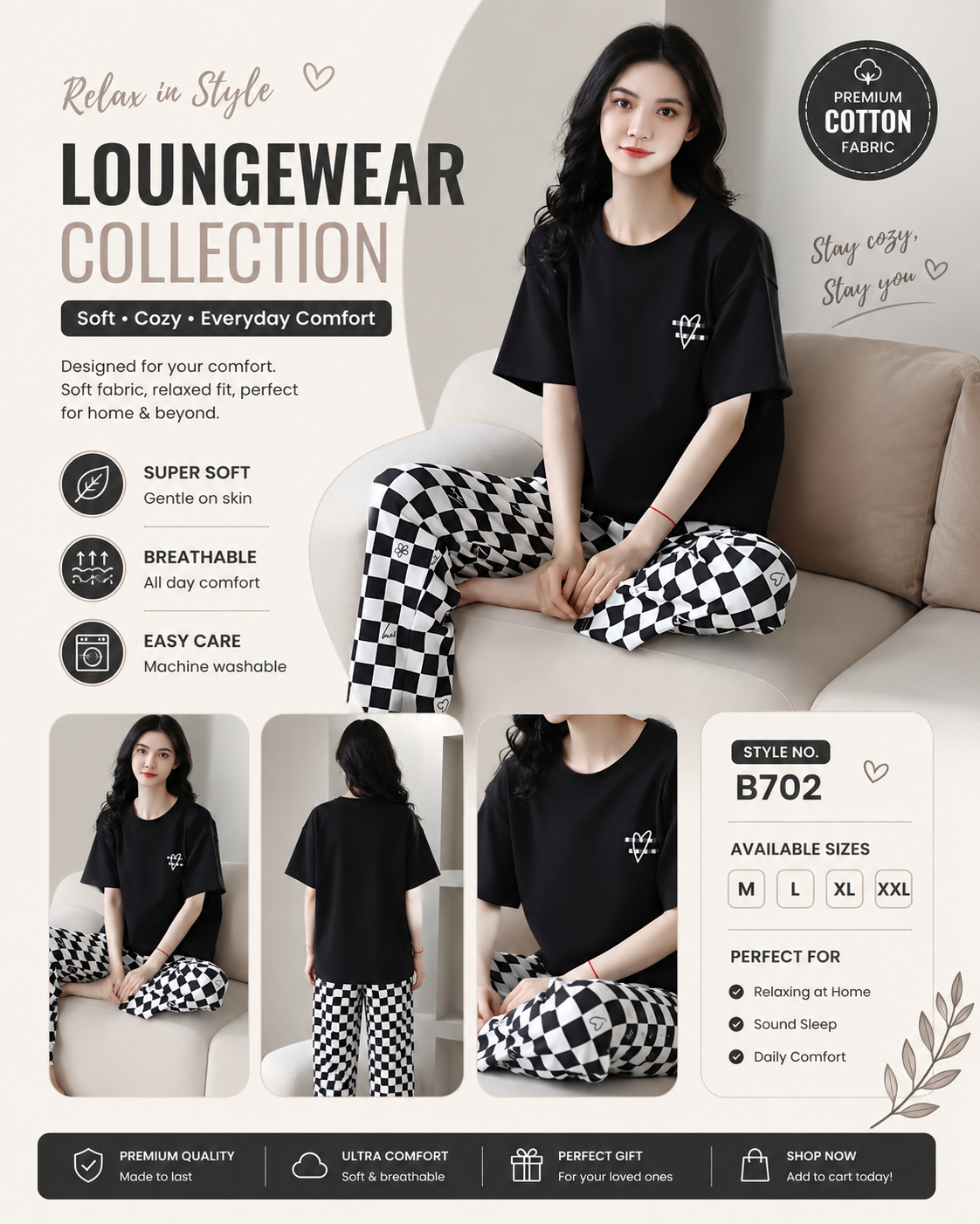 black check love printed night suit premium fabric for girl