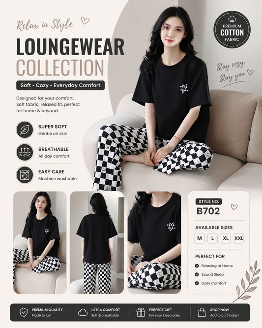 black check love printed night suit premium fabric for girl - M.H fashion 