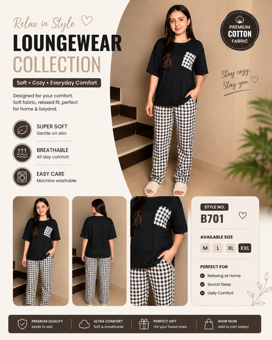 BLACK POCKET DESIGN NIGHT DRESS IN COTTON FABRIC - M.H fashion 