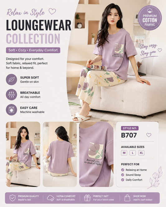 PURPLE POCKET DESIGN NIGHT DRESS IN COTTON FABRIC - M.H fashion 