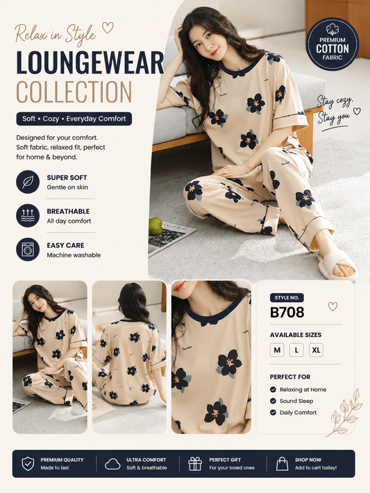 cream flower  design night suit premium fabric for girls and woman - M.H fashion 