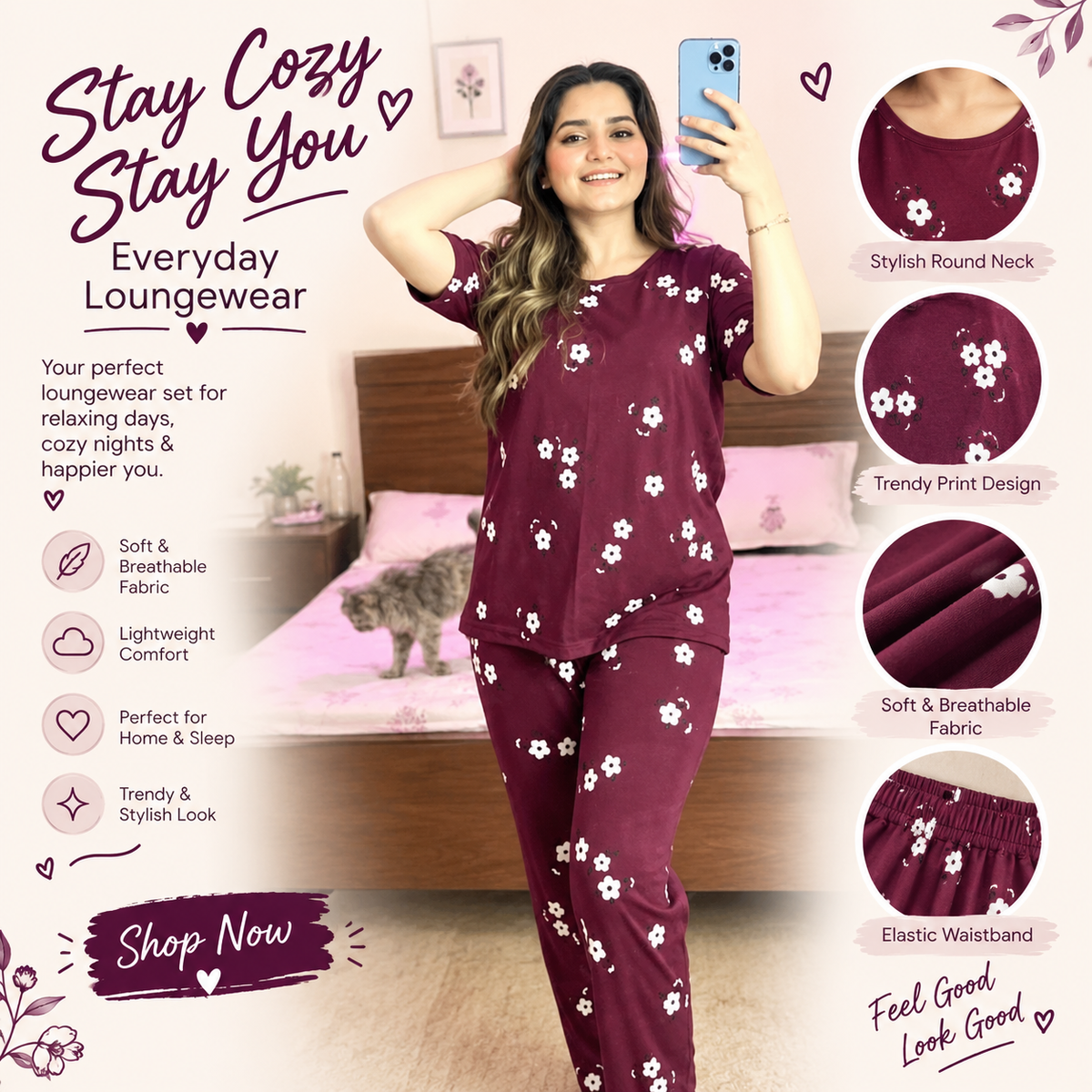 maroon flower printed trouser  night suit premium fabric for girl