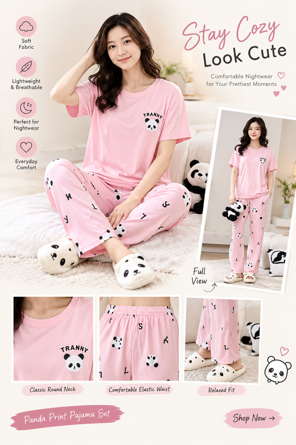 pink panda printed night suit premium fabric for girl