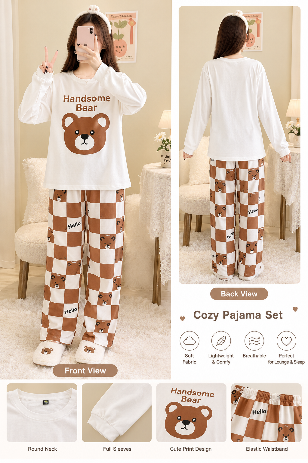 handsome bear full sleeves Print Women's Night Suit – Cotton Sleepwear Set