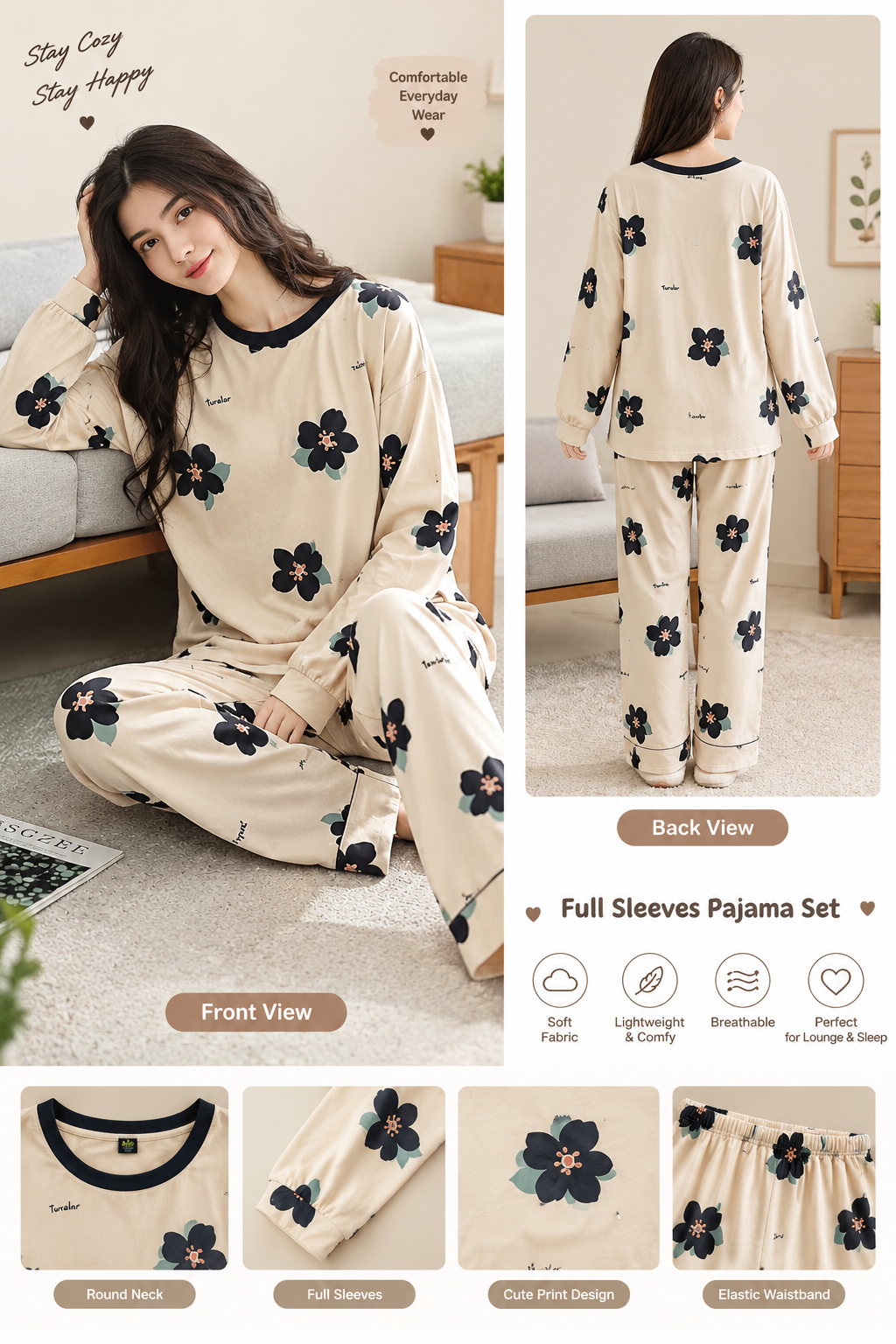 cream flower full sleeves Print Women's Night Suit – Cotton Sleepwear Set