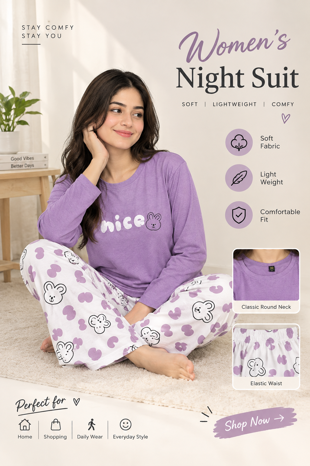 purple nice Print Women's Night Suit – Cotton Sleepwear Set