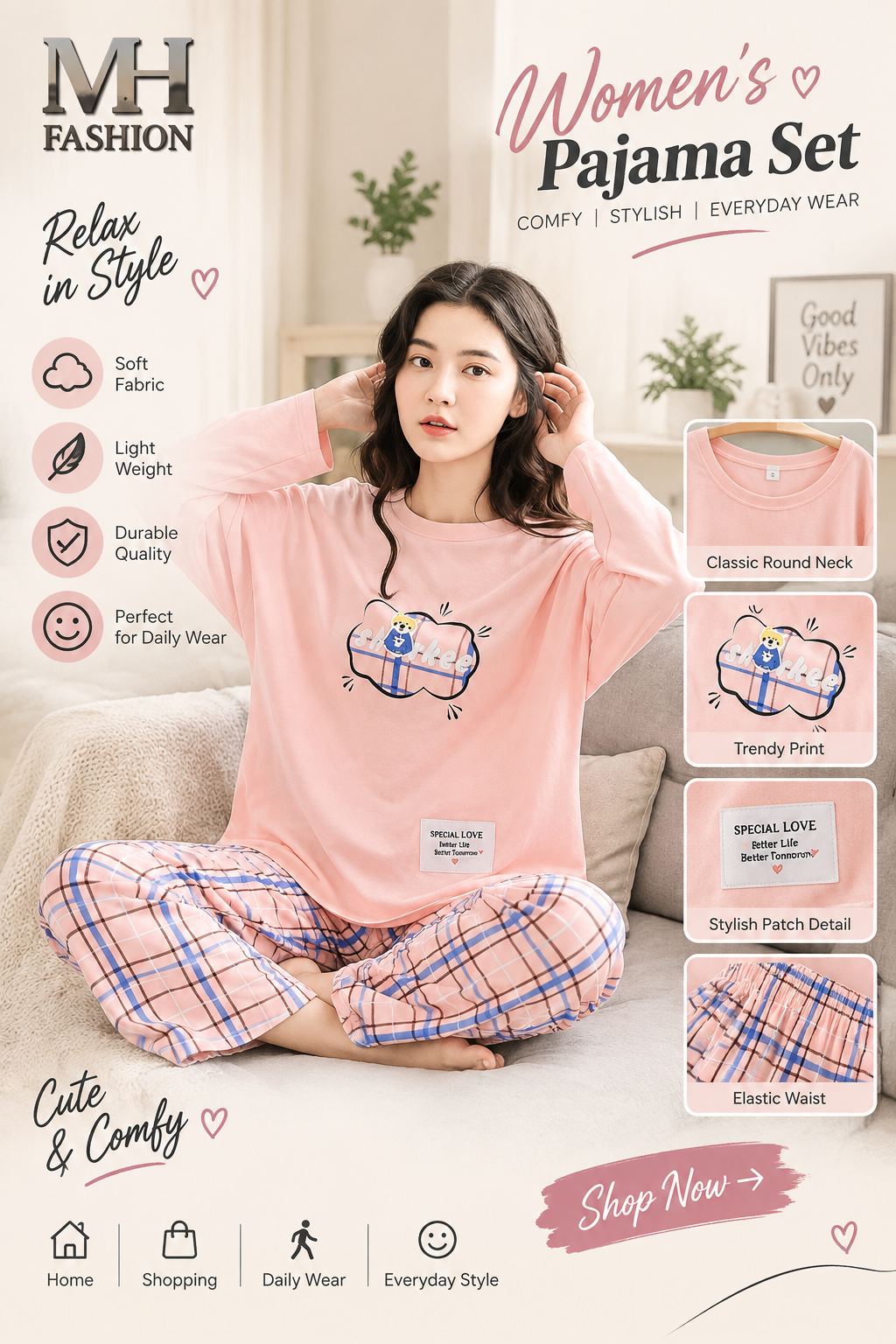 pink full sleeves printed design night suit fabric cotton jarsy - M.H fashion 