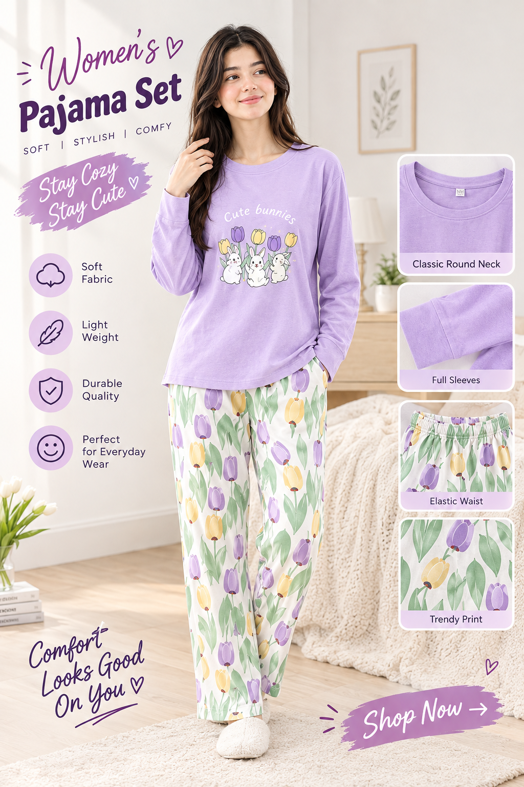 cute bunnies Print Women's Night Suit – Cotton Sleepwear Set