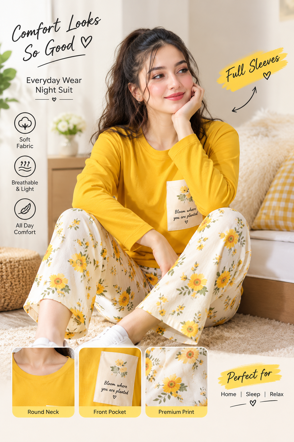 yellow pocket full sleeves Print Women's Night Suit – Cotton Sleepwear Set