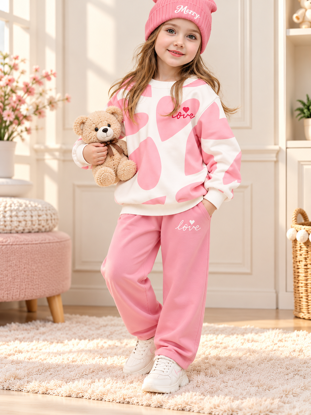 pink heart girls heart printed kids suits winter