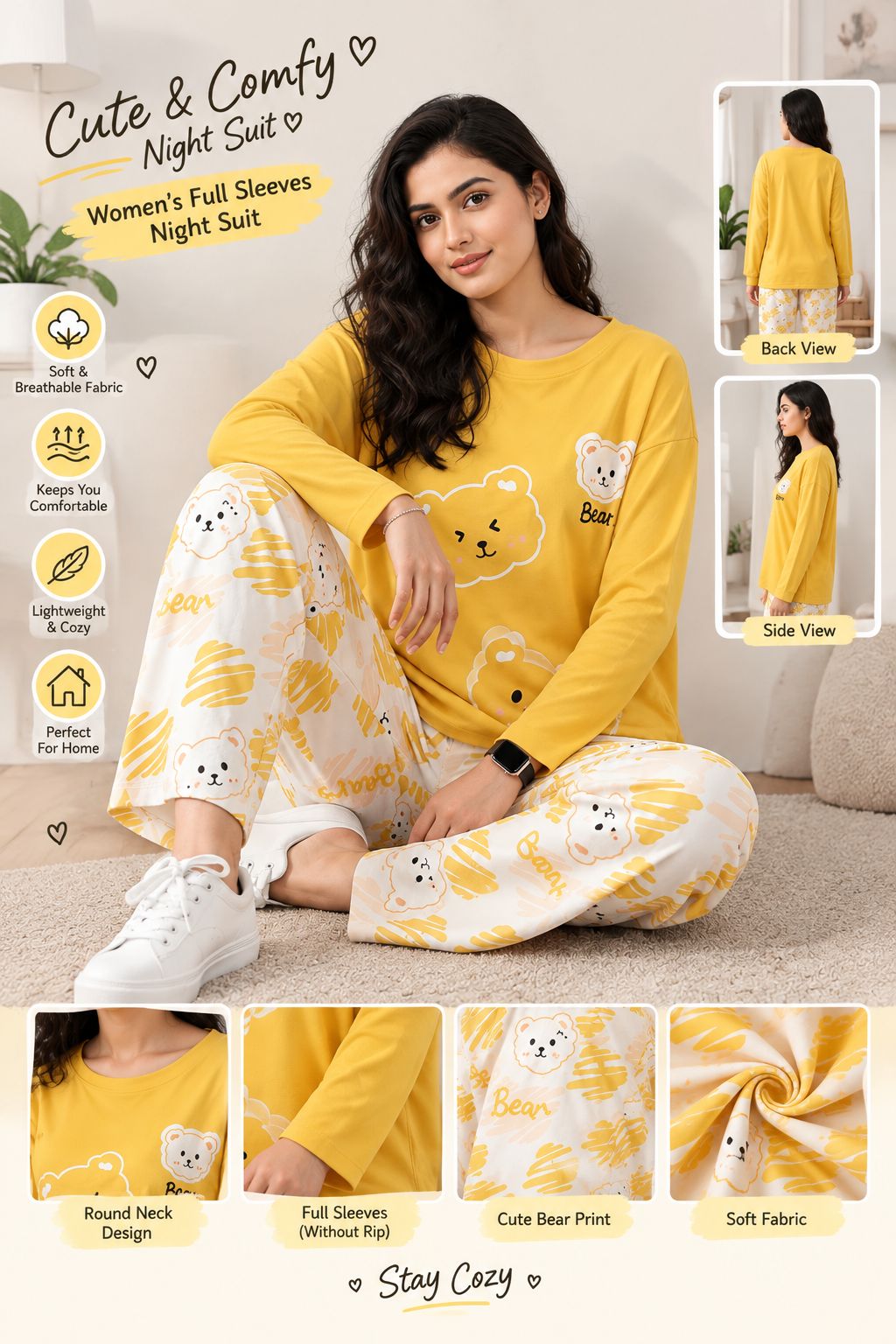 yellow 3 bear full sleeves Print Women's Night Suit – Cotton Sleepwear Set - M.H fashion 