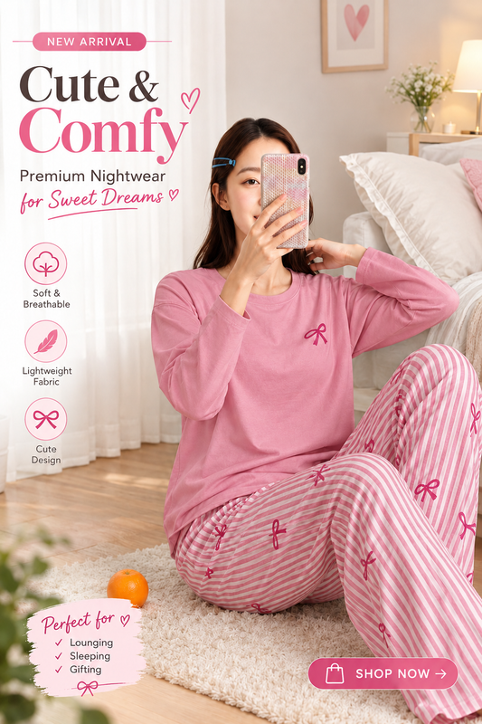 pink lining full sleeves Print Women's Night Suit – Cotton Sleepwear Set - M.H fashion 