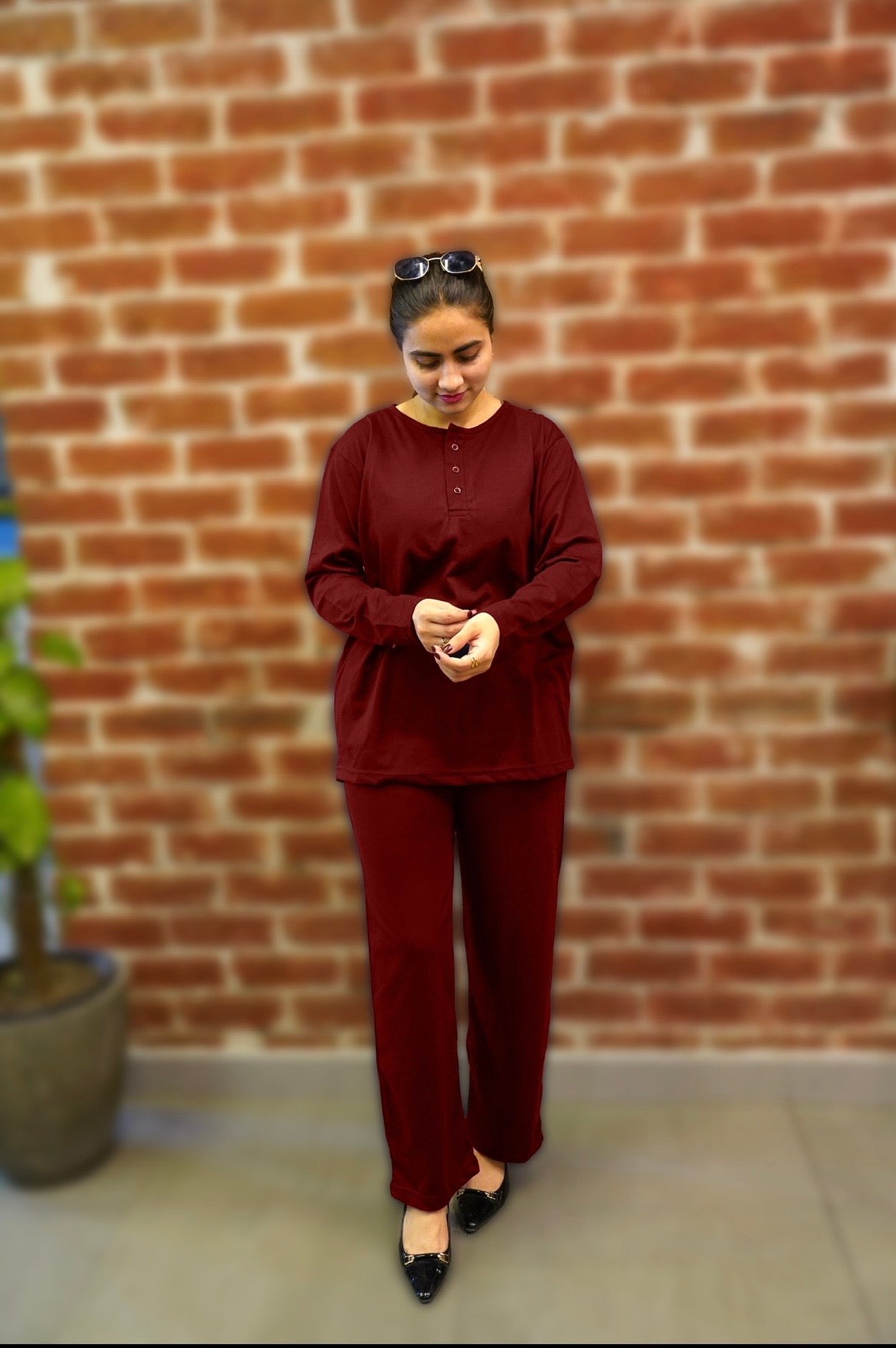plain v neck button collar style night suit in soft cotton fabric - M.H fashion 