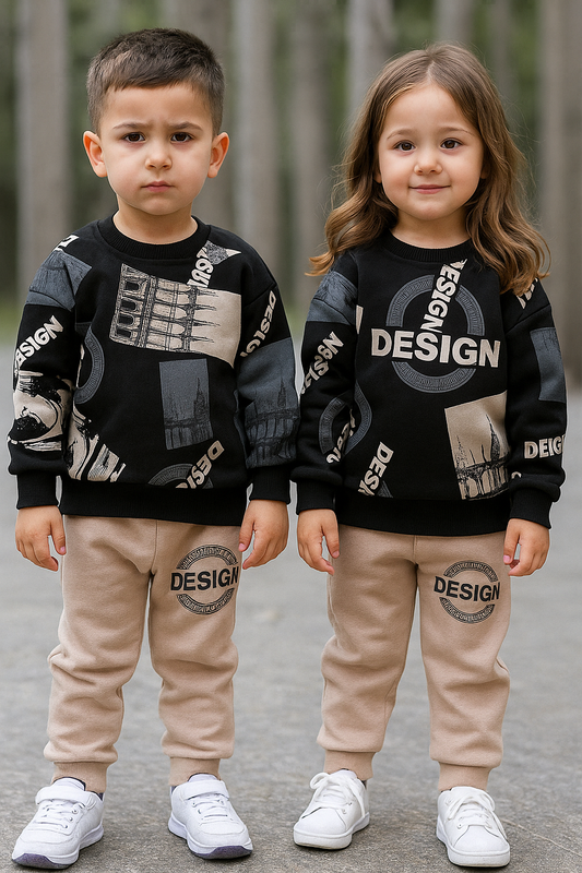 black cream design printed style kids suit for winter - M.H fashion 