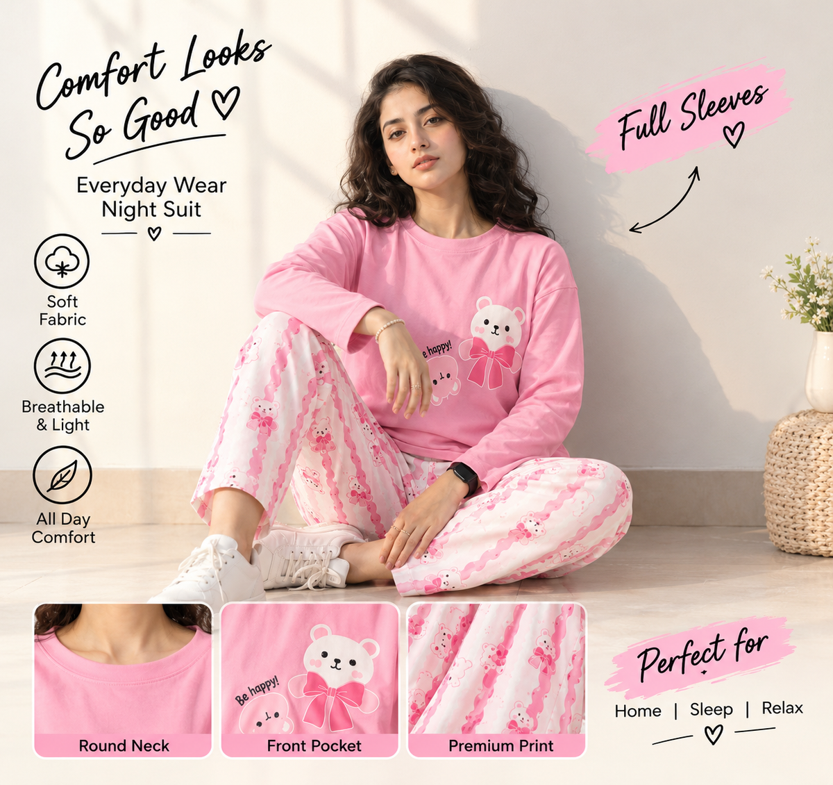 pink be happy full sleeves Print Women's Night Suit – Cotton Sleepwear Set