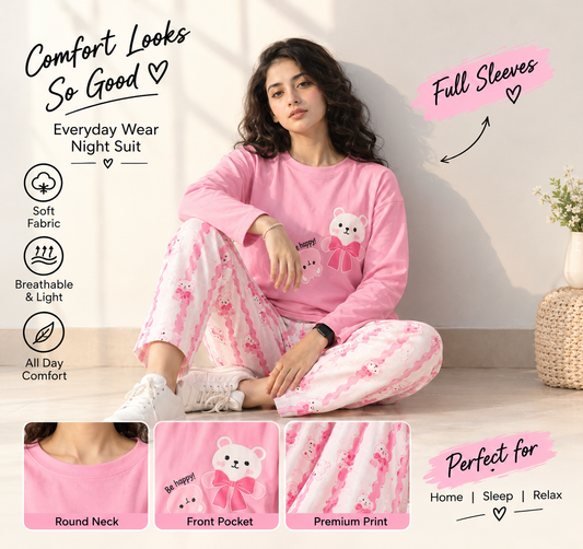 pink be happy full sleeves Print Women's Night Suit – Cotton Sleepwear Set - M.H fashion 