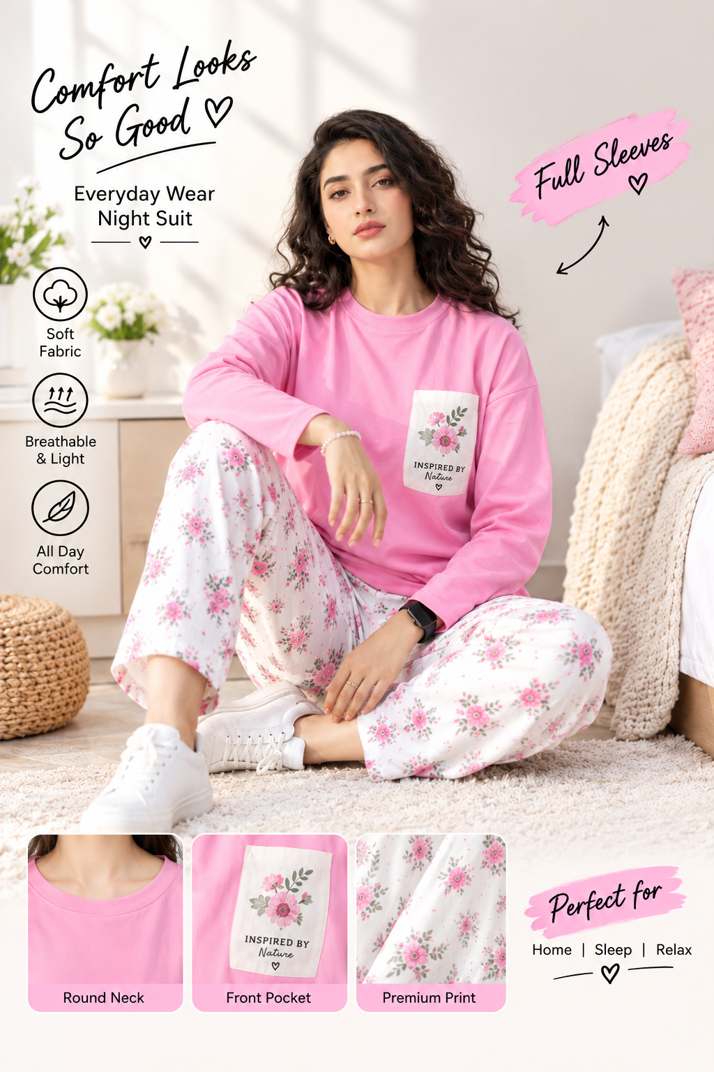pink pocket full sleeves Print Women's Night Suit – Cotton Sleepwear Set