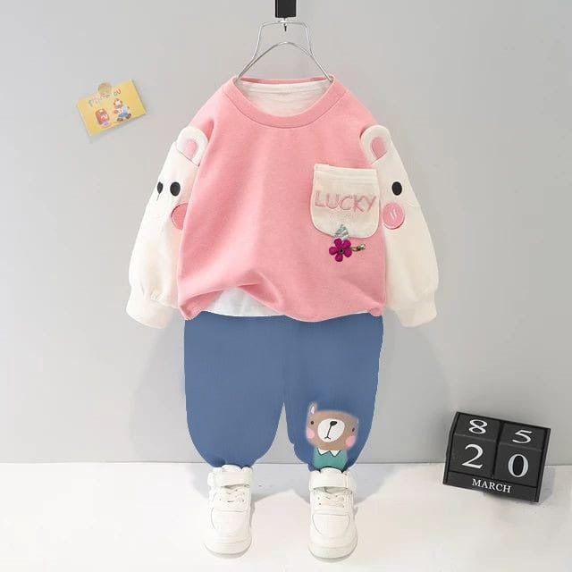 lucky  printed pink full-sleeves sweatshirt and trouser in kids winter collection (MH 93)