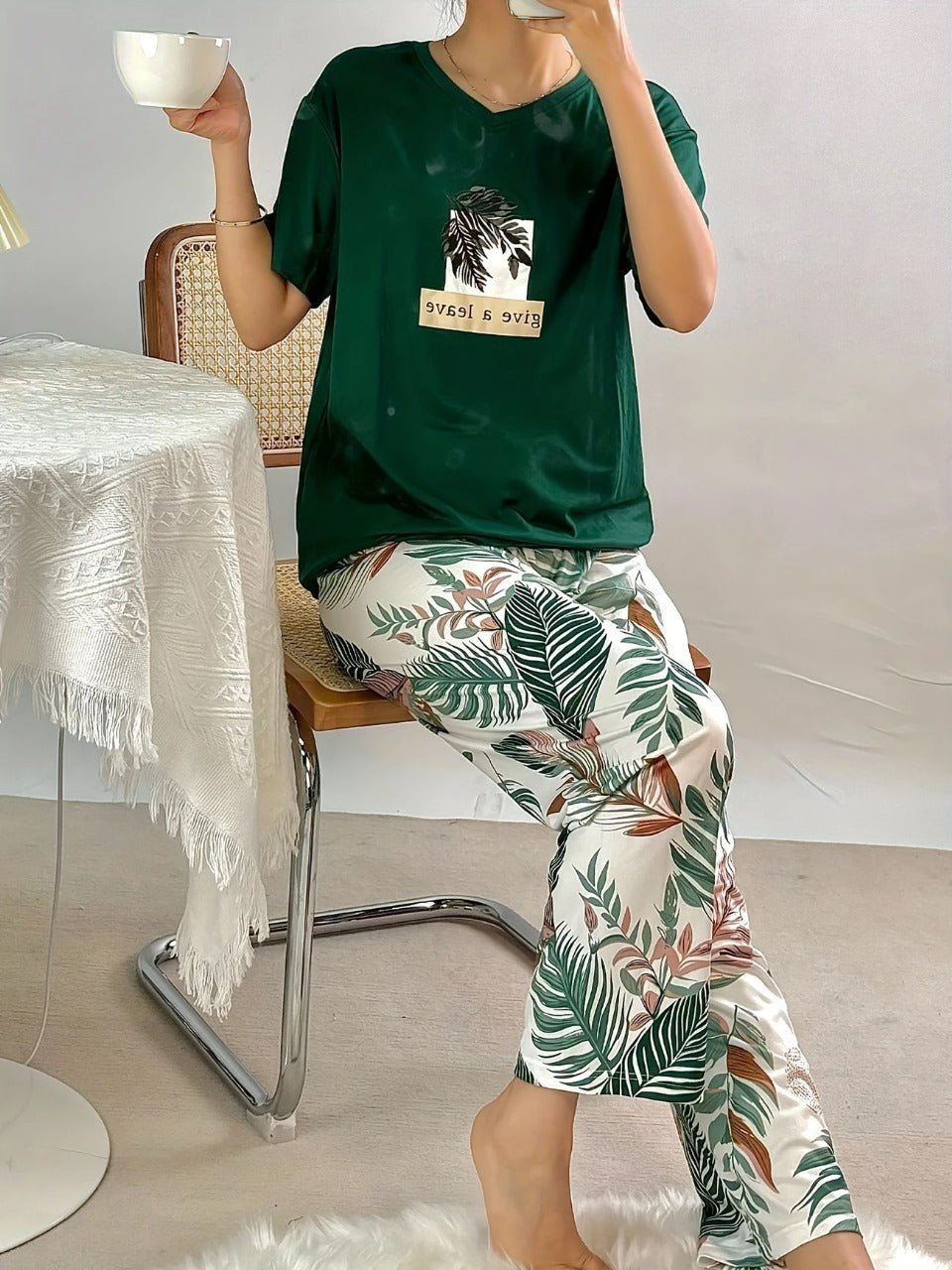 GREEN LEAVE DESIGN NIGHT DRESS IN COTTON FABRIC - M.H fashion 