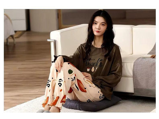 brown thanks printed full sleeves night suit fabric cotton jarsy - M.H fashion 