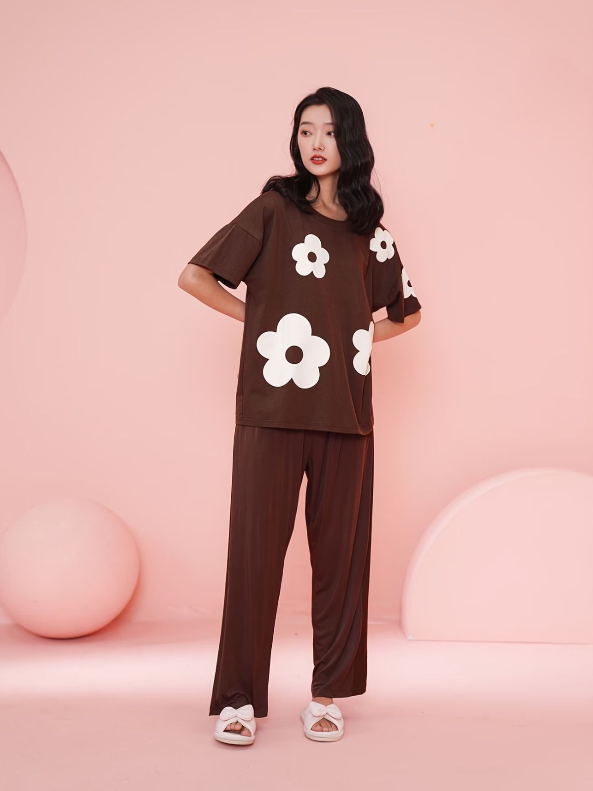 brown flower design night suit premium fabric for girls and woman - M.H fashion 