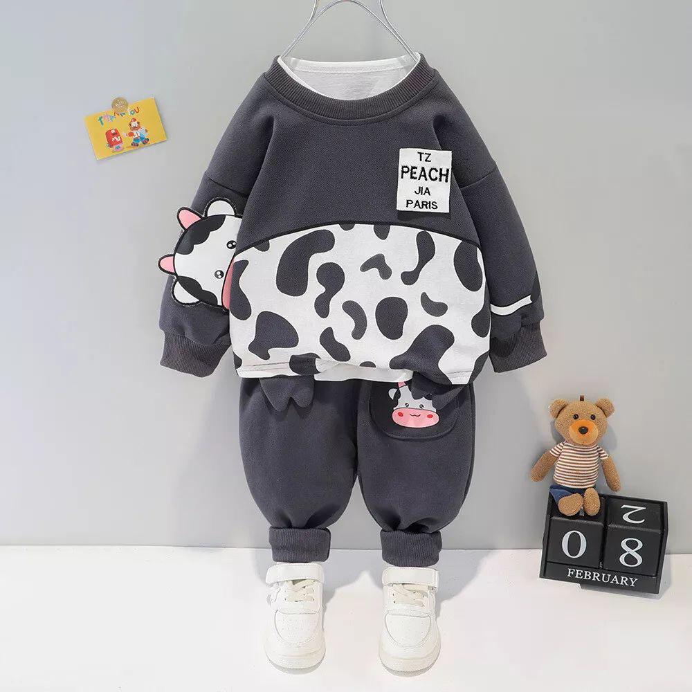 dark grey panel style printed  kids suit for winter