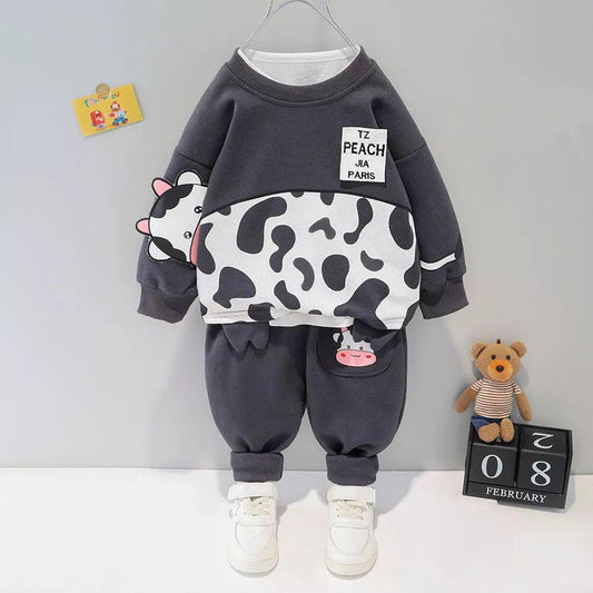 dark grey panel style printed  kids suit for winter