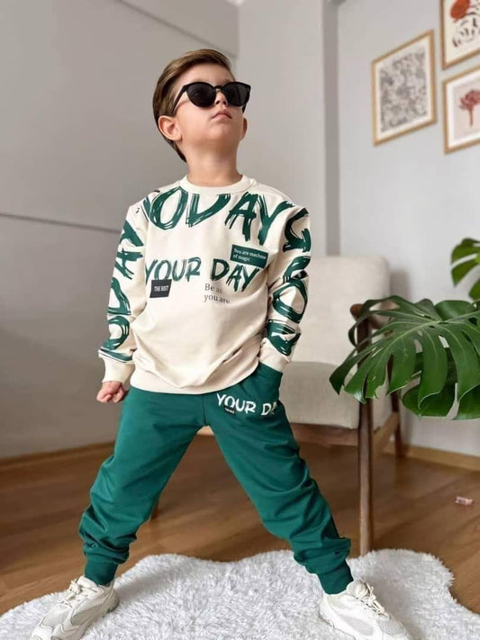 green your day printed  kids suit for winter