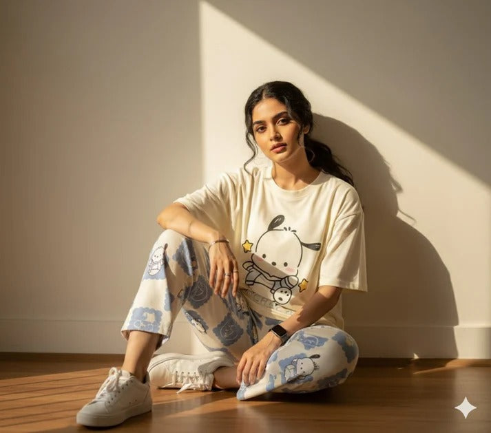 WHITE PANDA DESIGN NIGHT DRESS IN COTTON FABRIC