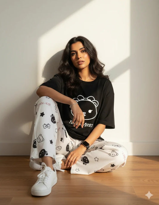 BLACK SMILE DESIGN NIGHT DRESS IN COTTON FABRIC