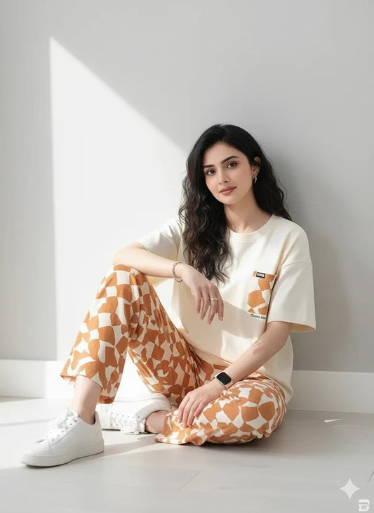 BROWN PAJAMA DESIGN NIGHT DRESS IN COTTON FABRIC