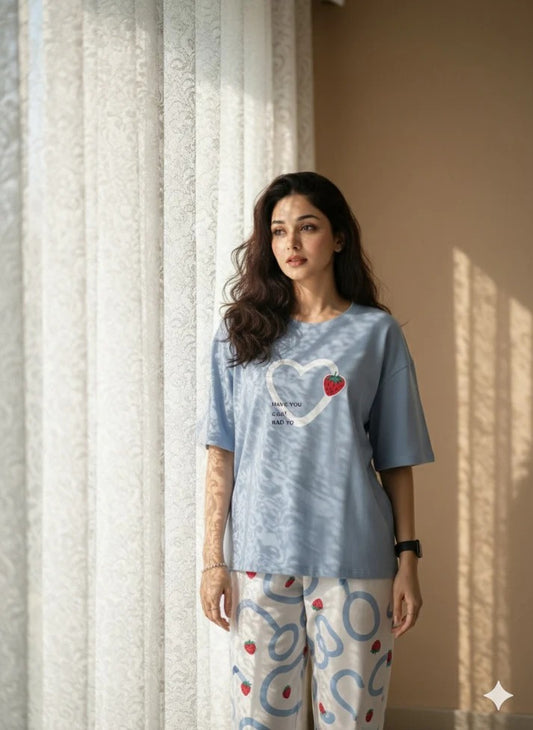 BLUE HEART DESIGN NIGHT DRESS IN COTTON FABRIC